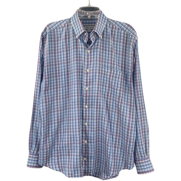 Peter Millar Men’s Plaid Button Down Shirt Cotton & Silk Blue Pink Size Large - Picture 2 of 9